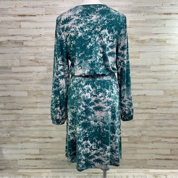 Jason Wu Stretch Long Sleeve Dress Womens Size M Teal Green Print Smocked Waist - Picture 8 of 13